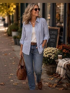 Lola River XL Blue White Linen Lyocell Striped Button Down Roll Tab Shirt